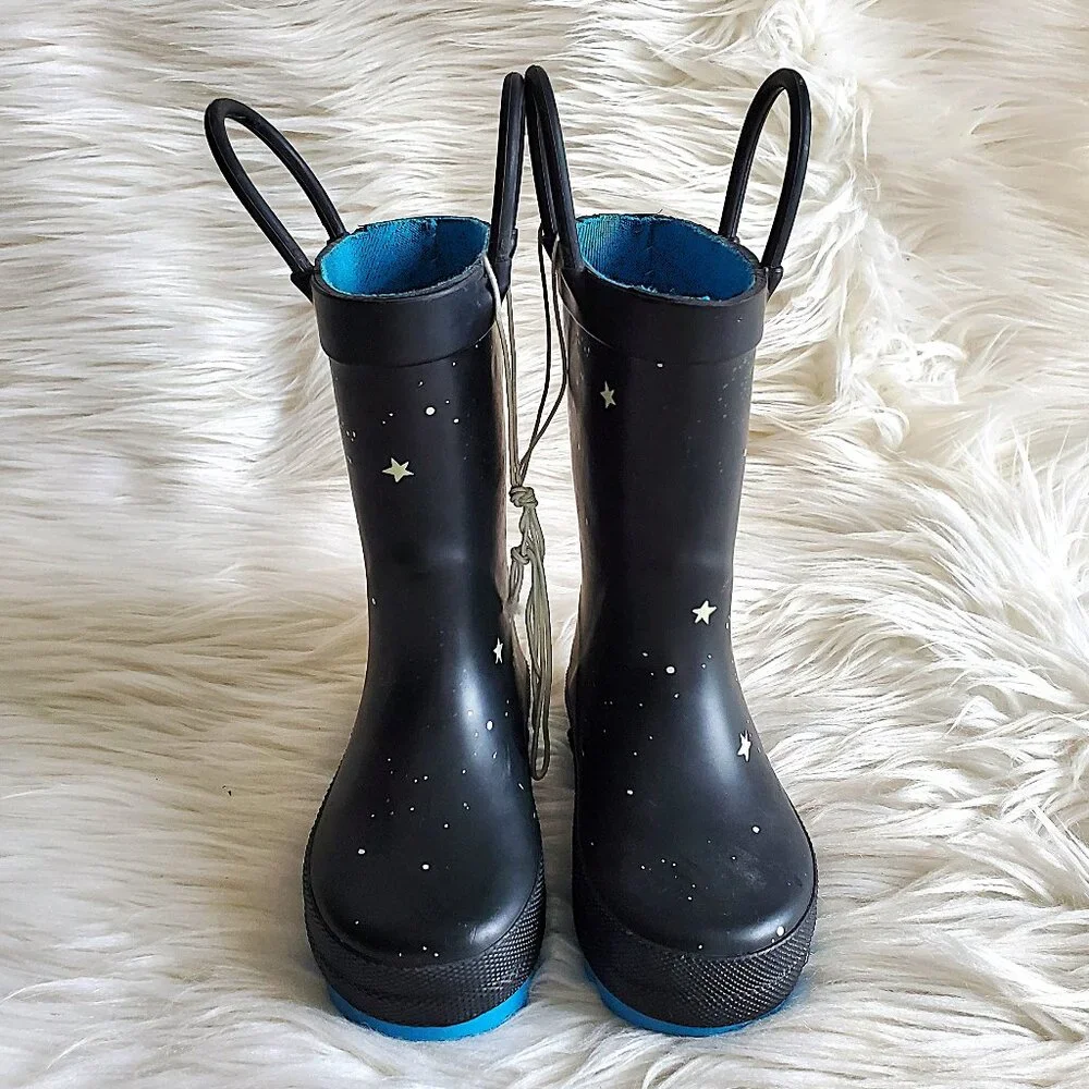 Carter's Kid's Black/Blue 4-D Space Rocket Waterproof Unisex Rain Boots SZ 4